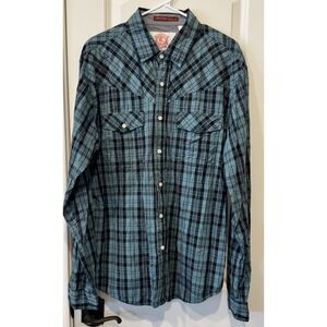Christian Audigier Plaid Button Up Shirt XL Blue Black Long Sleeve Western Style